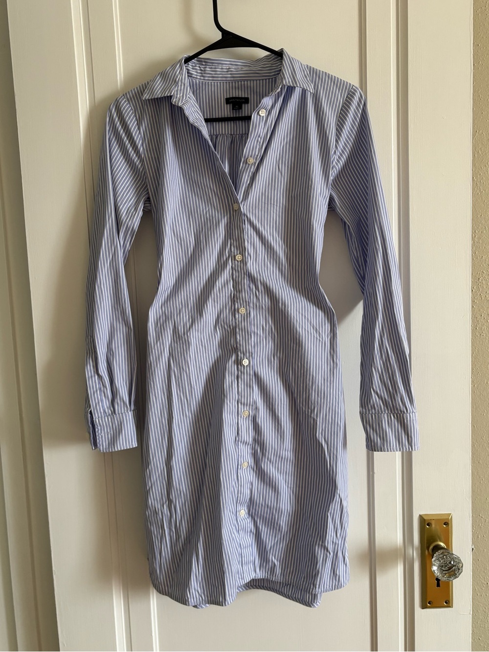 Ann Taylor Blue and White Striped Long-Sleeve Shirt Dress